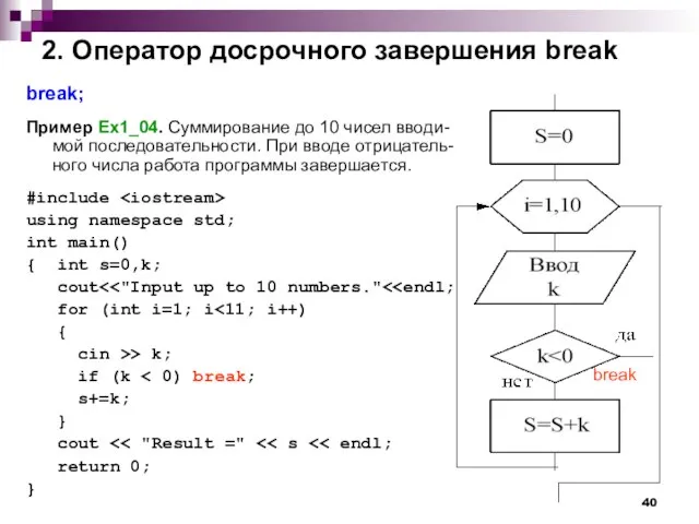 2. Оператор досрочного завершения break break; Пример Ex1_04. Суммирование до 10 чисел