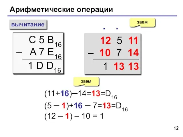 Арифметические операции вычитание С 5 B16 – A 7 E16 заем ∙