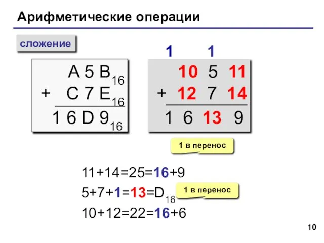 Арифметические операции сложение A 5 B16 + C 7 E16 1 1