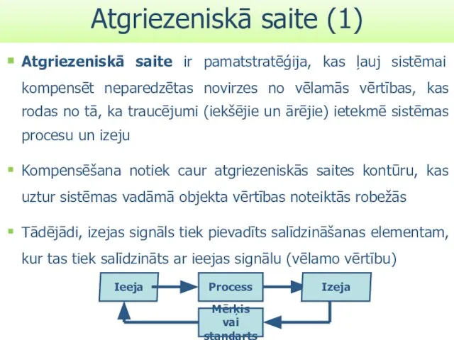 Atgriezeniskā saite (1) Atgriezeniskā saite ir pamatstratēģija, kas ļauj sistēmai kompensēt neparedzētas