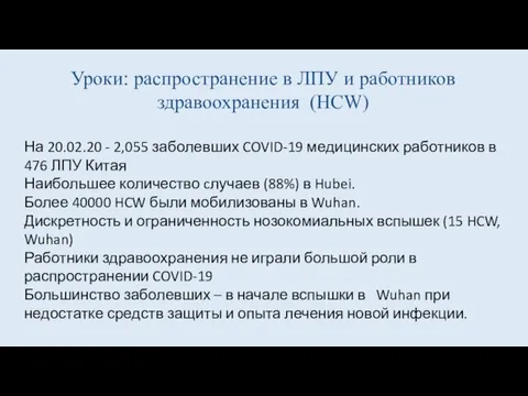 Уроки: распространение в ЛПУ и работников здравоохранения (HCW) На 20.02.20 - 2,055