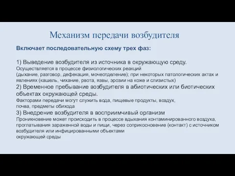 Механизм передачи возбудителя Включает последовательную схему трех фаз: 1) Выведение возбудителя из