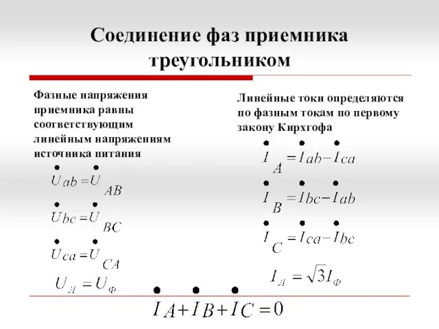 Соединение фаз приемника треугольником Фазные напряжения приемника равны соответствующим линейным напряжениям источника