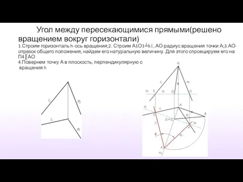 Угол между пересекающимися прямыми(решено вращением вокруг горизонтали) 1.Строим горизонталь h-ось вращения;2. Строим