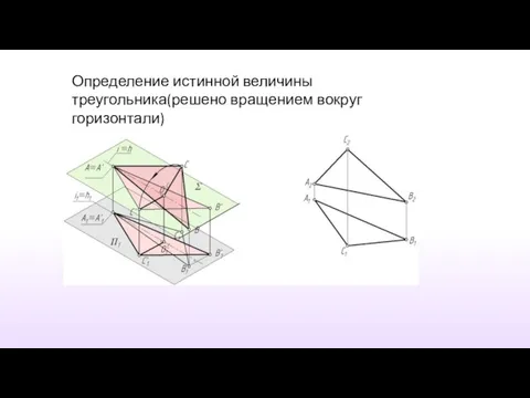 Определение истинной величины треугольника(решено вращением вокруг горизонтали)