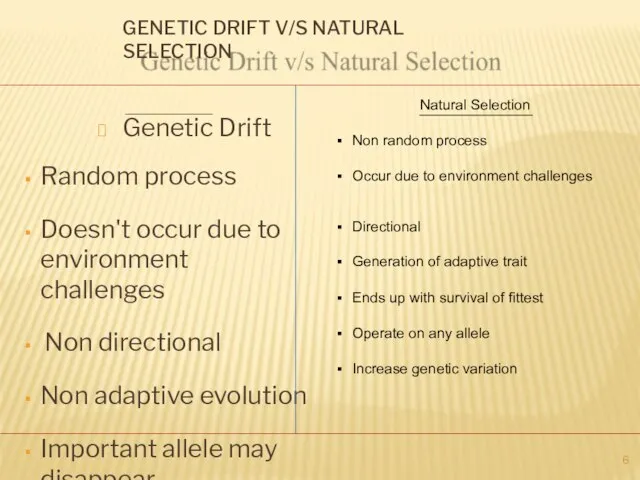 GENETIC DRIFT V/S NATURAL SELECTION Genetic Drift Random process Doesn't occur due
