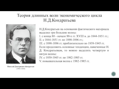 Теория длинных волн экономического цикла Н.Д.Кондратьева Николай Дмитриевич Кондратьев (1892-1938) Н.Д.Кондратьев на