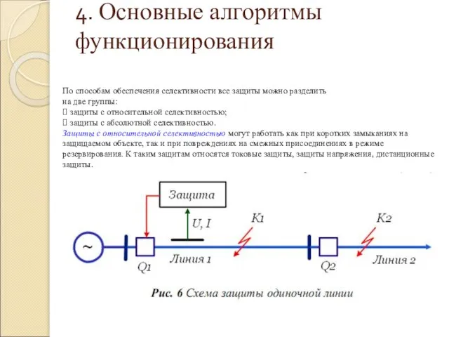 4. Основные алгоритмы функционирования По способам обеспечения селективности все защиты можно разделить