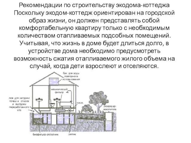 Рекомендации по строительству экодома-коттеджа Поскольку экодом-коттедж ориентирован на городской образ жизни, он