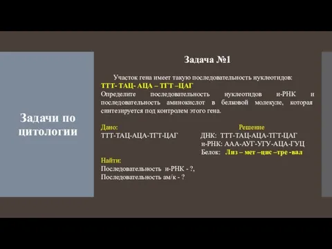 Задачи по цитологии Задача №1 Участок гена имеет такую последовательность нуклеотидов: ТТТ-