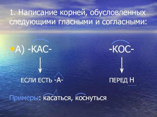 1. Написание корней, обусловленных следующими гласными и согласными: А) -КАС- -КОС- ЕСЛИ