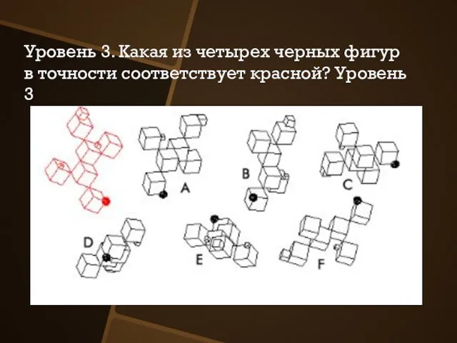 Уровень 3. Какая из четырех черных фигур в точности соответствует красной? Уровень 3