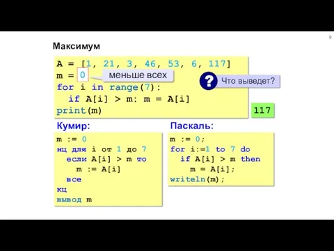 Максимум A = [1, 21, 3, 46, 53, 6, 117] m =