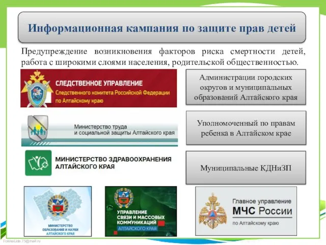 Информационная кампания по защите прав детей Предупреждение возникновения факторов риска смертности детей,