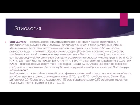 Этиология Возбудитель — неподвижная грамотрицательная бактерия Neisseria meningitidis. В препаратах он выглядит