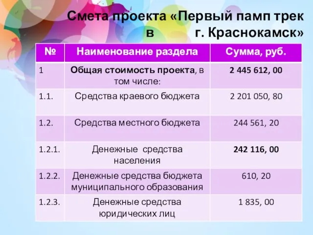 Смета проекта «Первый памп трек в г. Краснокамск»