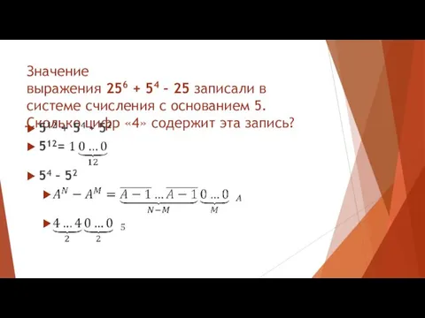 Значение выражения 256 + 54 – 25 записали в системе счисления с