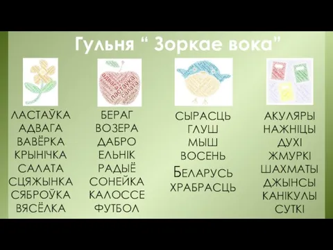 Гульня “ Зоркае вока” ЛАСТАЎКА АДВАГА ВАВЁРКА КРЫНІЧКА САЛАТА СЦЯЖЫНКА СЯБРОЎКА ВЯСЁЛКА