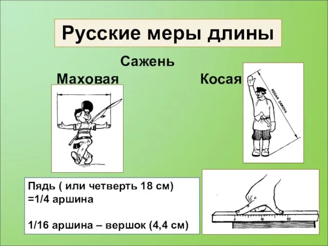 Сажень Маховая Косая Пядь ( или четверть 18 см) =1/4 аршина 1/16