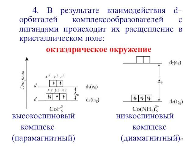 4. В результате взаимодействия d–орбиталей комплексообразователей с лигандами происходит их расщепление в