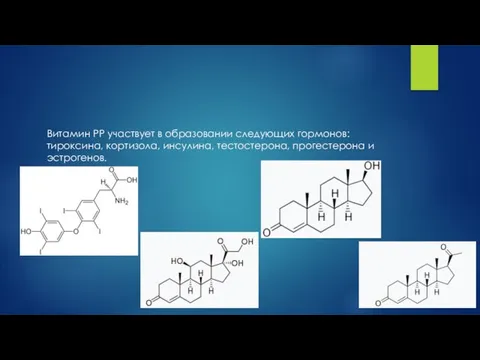 Витамин PP участвует в образовании следующих гормонов: тироксина, кортизола, инсулина, тестостерона, прогестерона и эстрогенов.