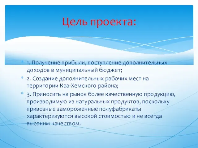 1. Получение прибыли, поступление дополнительных доходов в муниципальный бюджет; 2. Создание дополнительных