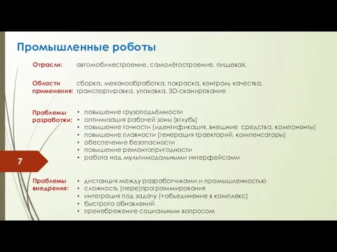 Промышленные роботы автомобилестроение, самолётостроение, пищевая, Отрасли: Проблемы разработки: Проблемы внедрения: повышение грузоподъёмности