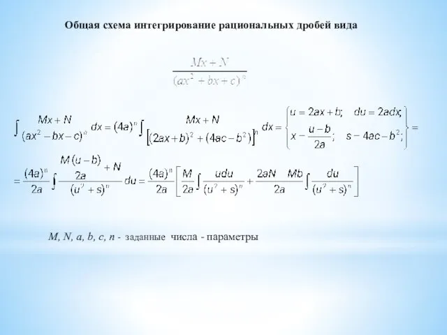 Общая схема интегрирование рациональных дробей вида M, N, a, b, c, n