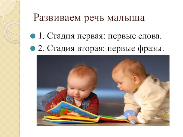 Развиваем речь малыша 1. Стадия первая: первые слова. 2. Стадия вторая: первые фразы.