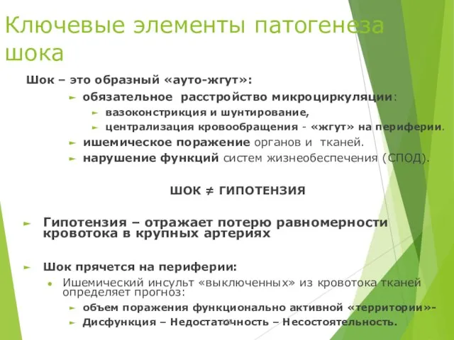 Ключевые элементы патогенеза шока Шок – это образный «ауто-жгут»: обязательное расстройство микроциркуляции: