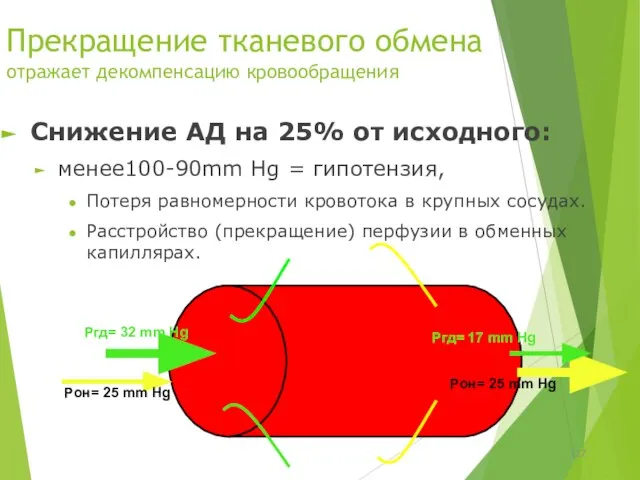 Прекращение тканевого обмена отражает декомпенсацию кровообращения Снижение АД на 25% от исходного: