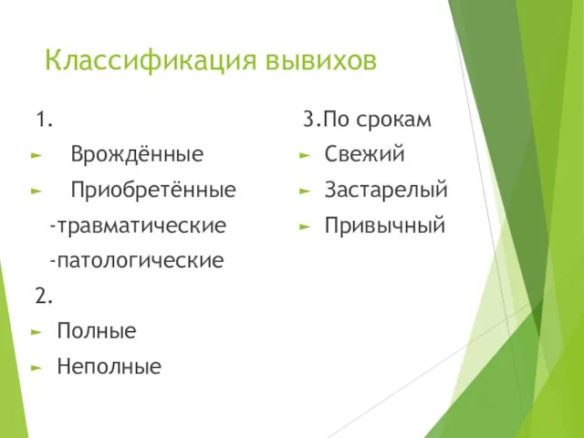 Классификация вывихов 1. Врождённые Приобретённые -травматические -патологические 2. Полные Неполные 3.По срокам Свежий Застарелый Привычный