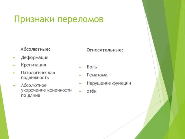 Признаки переломов Абсолютные: Деформация Крепитация Патологическая подвижность Абсолютное укорочение конечности по длине