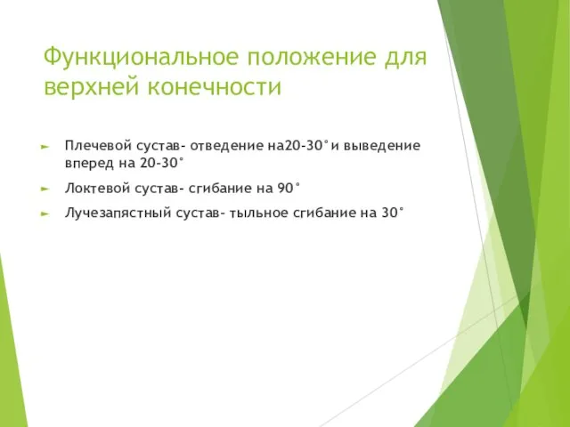 Функциональное положение для верхней конечности Плечевой сустав- отведение на20-30°и выведение вперед на