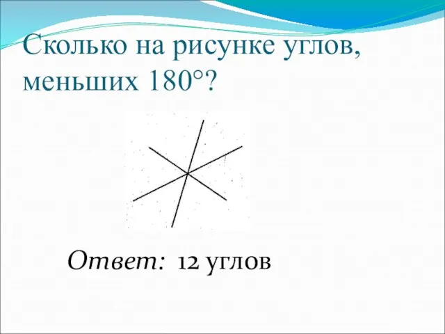 Сколько на рисунке углов, меньших 180°? Ответ: 12 углов