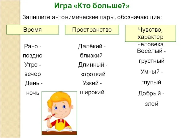 Игра «Кто больше?» Время Пространство Запишите антонимические пары, обозначающие: Чувство, характер человека