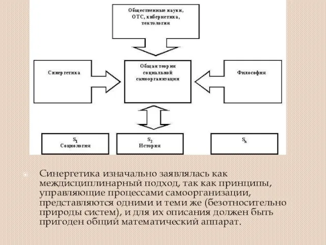 Синергетика изначально заявлялась как междисциплинарный подход, так как принципы, управляющие процессами самоорганизации,