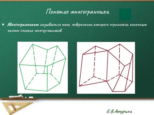 Понятие многогранника Многогранником называется тело, поверхность которого ограничена конечным числом плоских многоугольников.