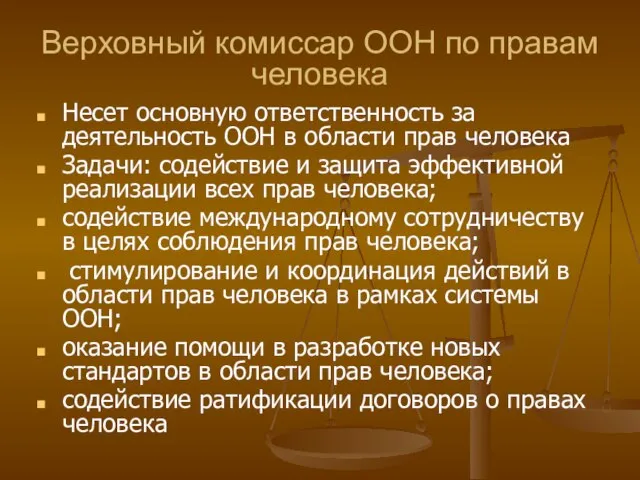 Верховный комиссар ООН по правам человека Несет основную ответственность за деятельность ООН