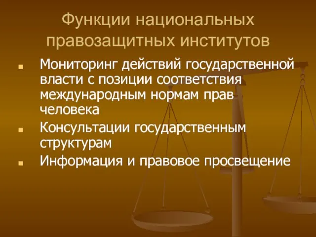 Функции национальных правозащитных институтов Мониторинг действий государственной власти с позиции соответствия международным