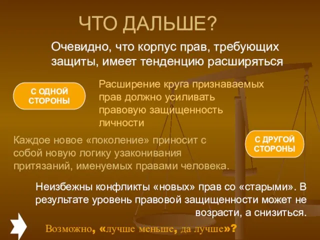 ЧТО ДАЛЬШЕ? Очевидно, что корпус прав, требующих защиты, имеет тенденцию расширяться С