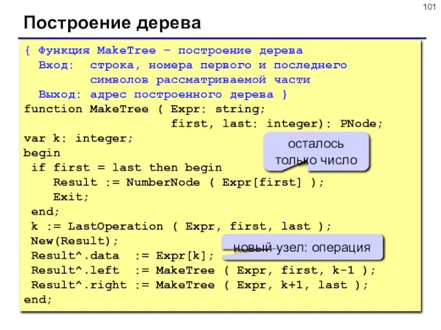 Построение дерева { Функция MakeTree – построение дерева Вход: строка, номера первого