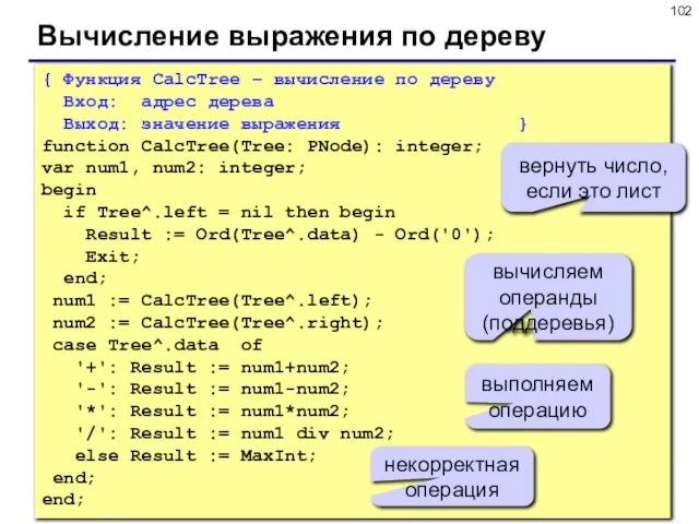 Вычисление выражения по дереву { Функция CalcTree – вычисление по дереву Вход: