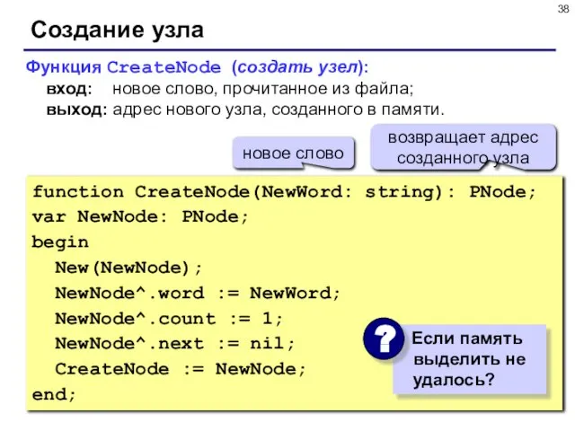 Создание узла function CreateNode(NewWord: string): PNode; var NewNode: PNode; begin New(NewNode); NewNode^.word
