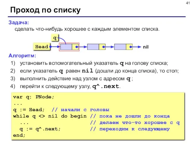 Задача: сделать что-нибудь хорошее с каждым элементом списка. Алгоритм: установить вспомогательный указатель