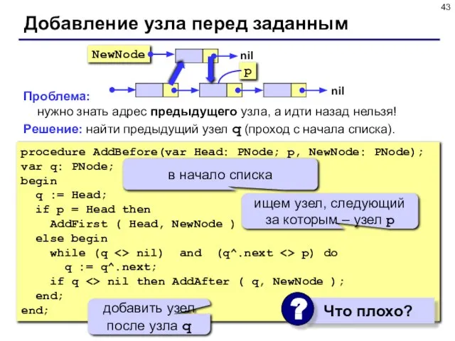 Проблема: нужно знать адрес предыдущего узла, а идти назад нельзя! Решение: найти