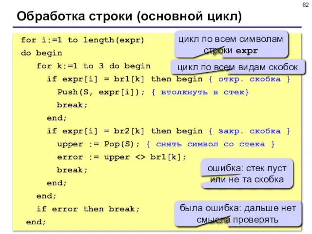 Обработка строки (основной цикл) for i:=1 to length(expr) do begin for k:=1