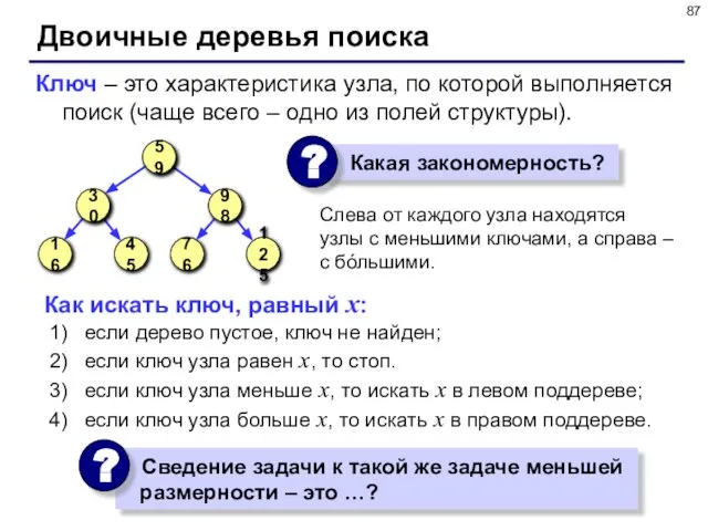 Двоичные деревья поиска Слева от каждого узла находятся узлы с меньшими ключами,