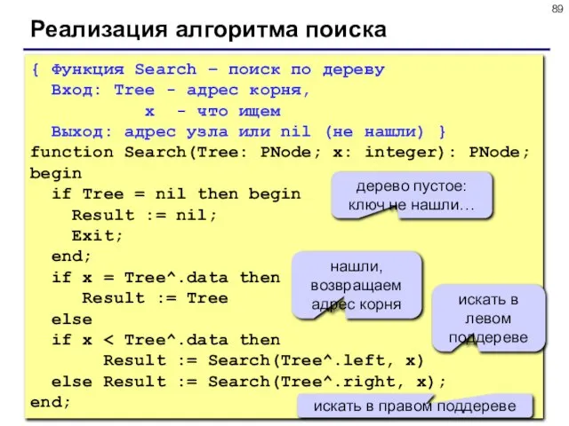 Реализация алгоритма поиска { Функция Search – поиск по дереву Вход: Tree