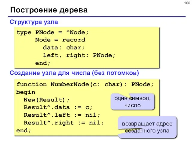 Построение дерева Структура узла type PNode = ^Node; Node = record data: